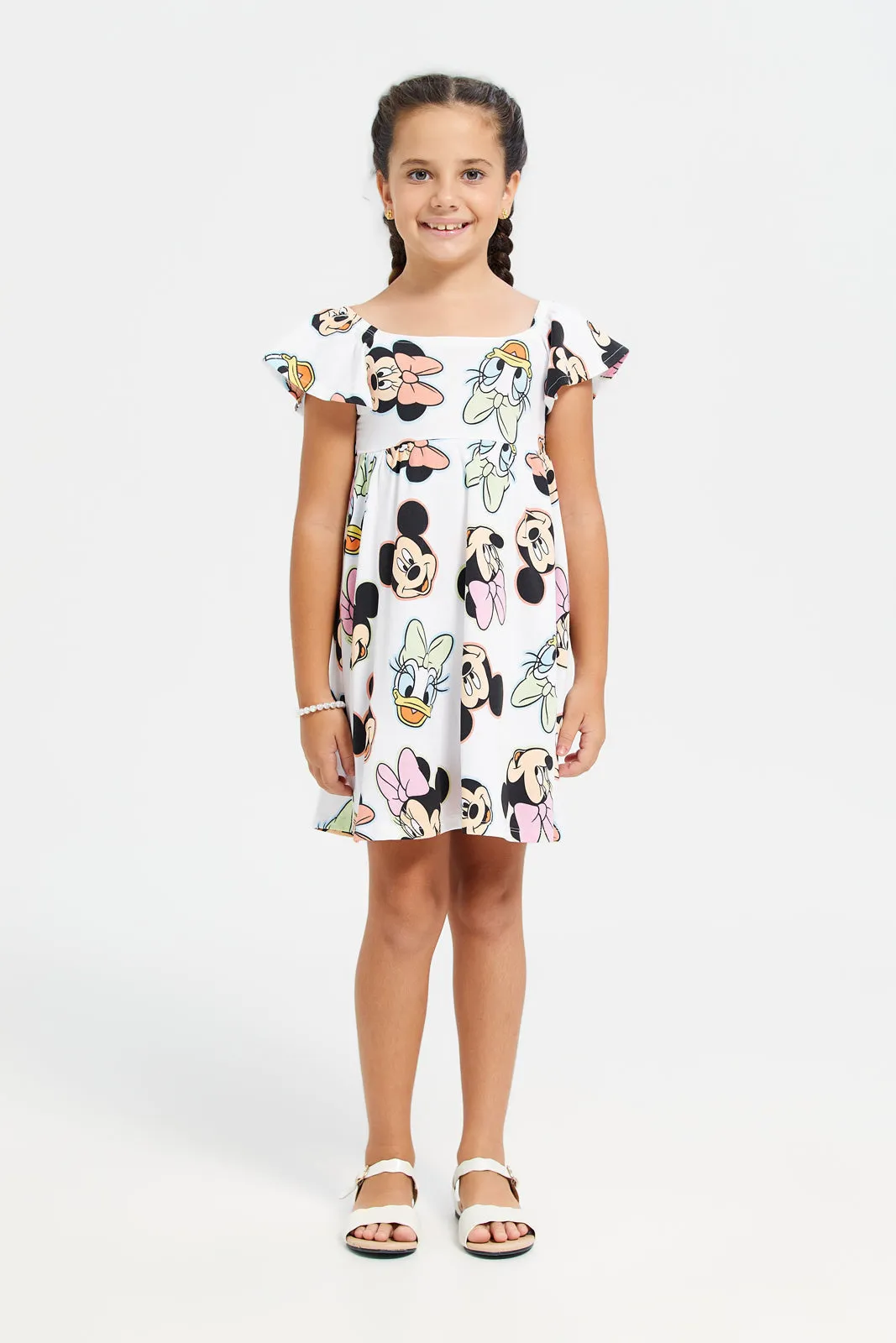 Girls White Minnie Mouse Print Dress