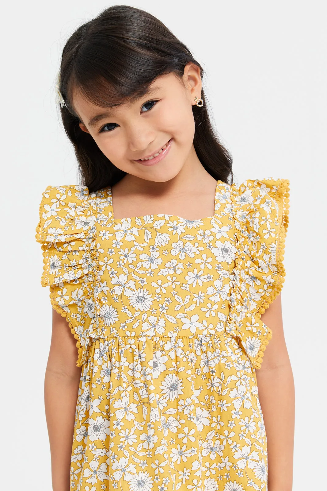 Girls Yellow Floral Print With Frills Dress