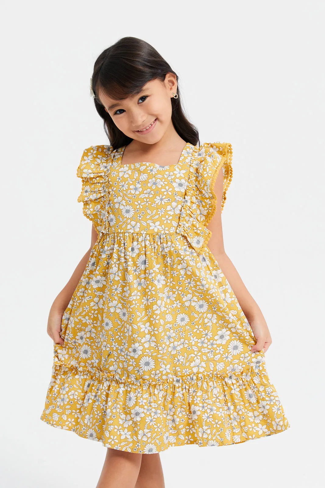 Girls Yellow Floral Print With Frills Dress