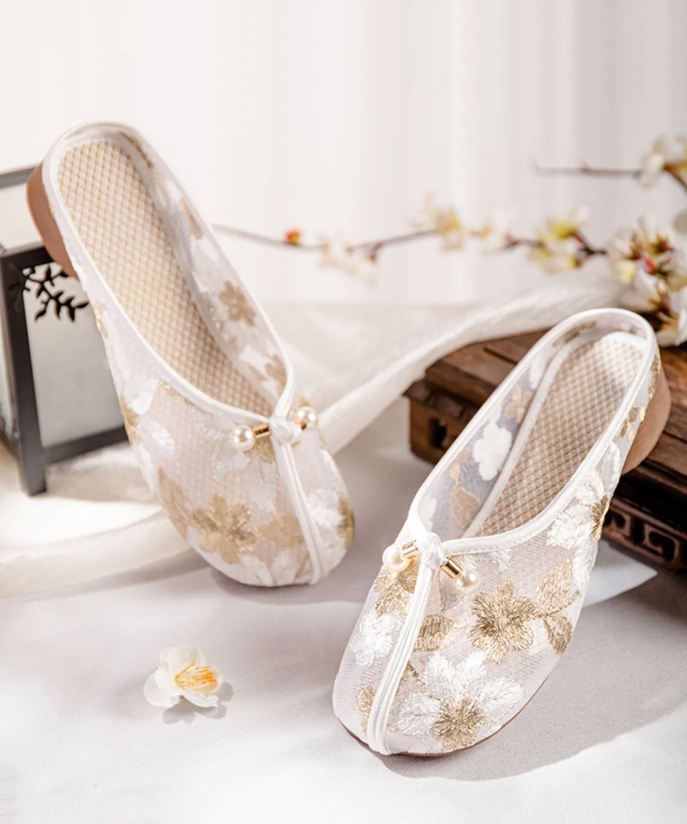 Gold Chunky Slide Sandals Tulle Comfy Splicing Hollow Out Embroideried LY7701