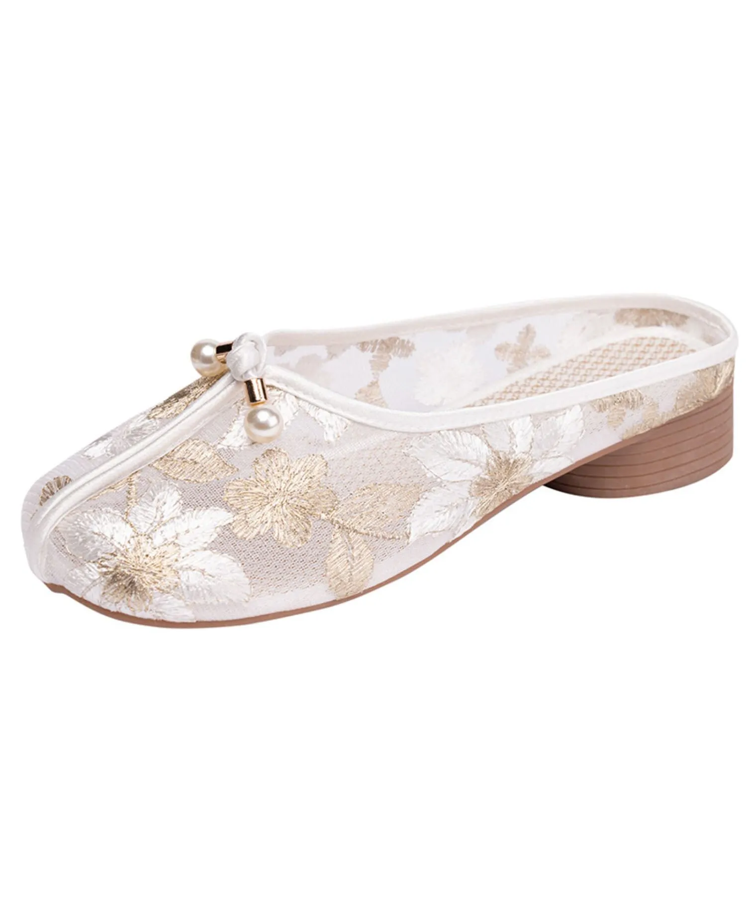 Gold Chunky Slide Sandals Tulle Comfy Splicing Hollow Out Embroideried LY7701