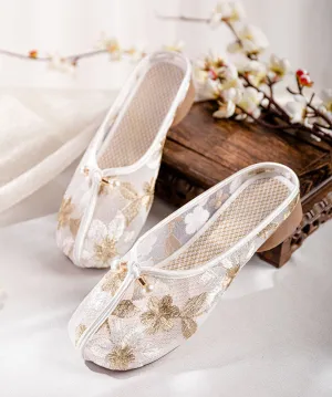 Gold Chunky Slide Sandals Tulle Comfy Splicing Hollow Out Embroideried LY7701