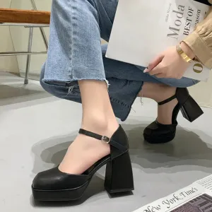 Hnzxzm Fashion Ankle Strap Platform Pumps for Women Square Toe High Heels Mary Jane Shoes Woman High Quality Thick Heeled Party Shoes