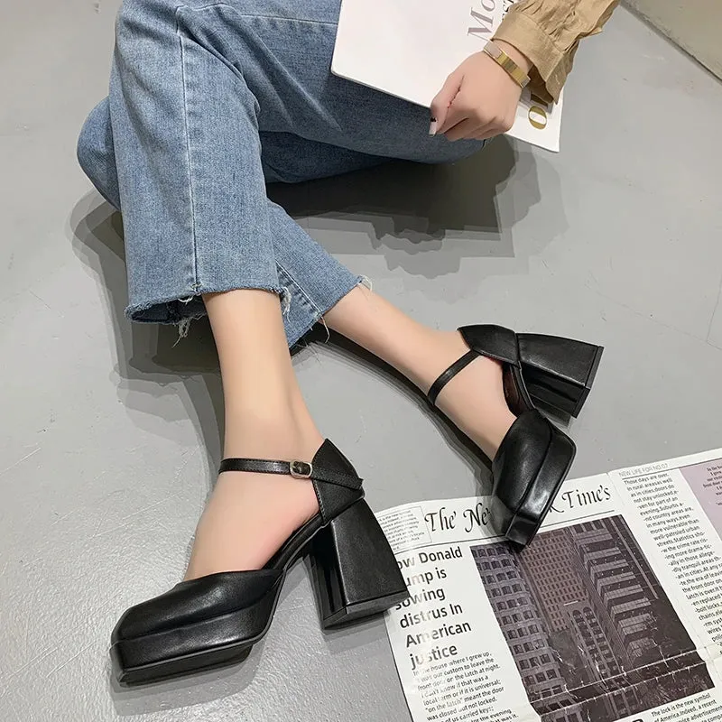 Hnzxzm Fashion Ankle Strap Platform Pumps for Women Square Toe High Heels Mary Jane Shoes Woman High Quality Thick Heeled Party Shoes