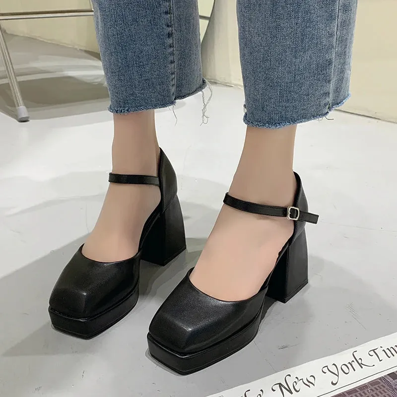 Hnzxzm Fashion Ankle Strap Platform Pumps for Women Square Toe High Heels Mary Jane Shoes Woman High Quality Thick Heeled Party Shoes