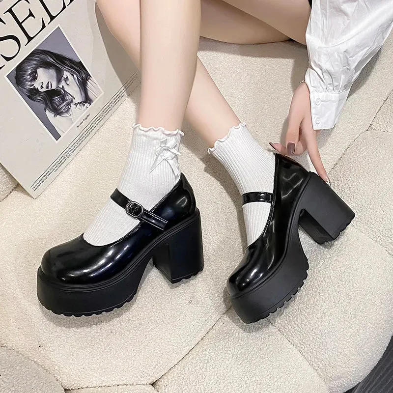 Hnzxzm High Heels Platform Chunky Pumps Women Pu Leather Ankle Buckle Mary Jane Shoes Woman Thick Heeled Goth Lolita Shoes Female