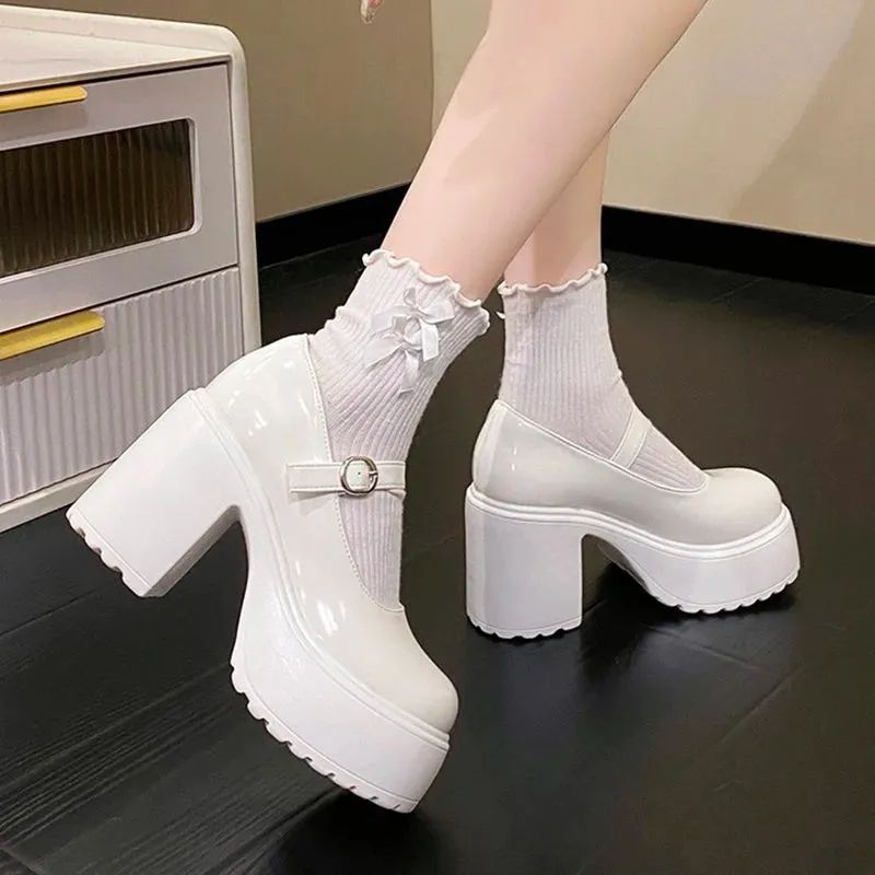 Hnzxzm High Heels Platform Chunky Pumps Women Pu Leather Ankle Buckle Mary Jane Shoes Woman Thick Heeled Goth Lolita Shoes Female