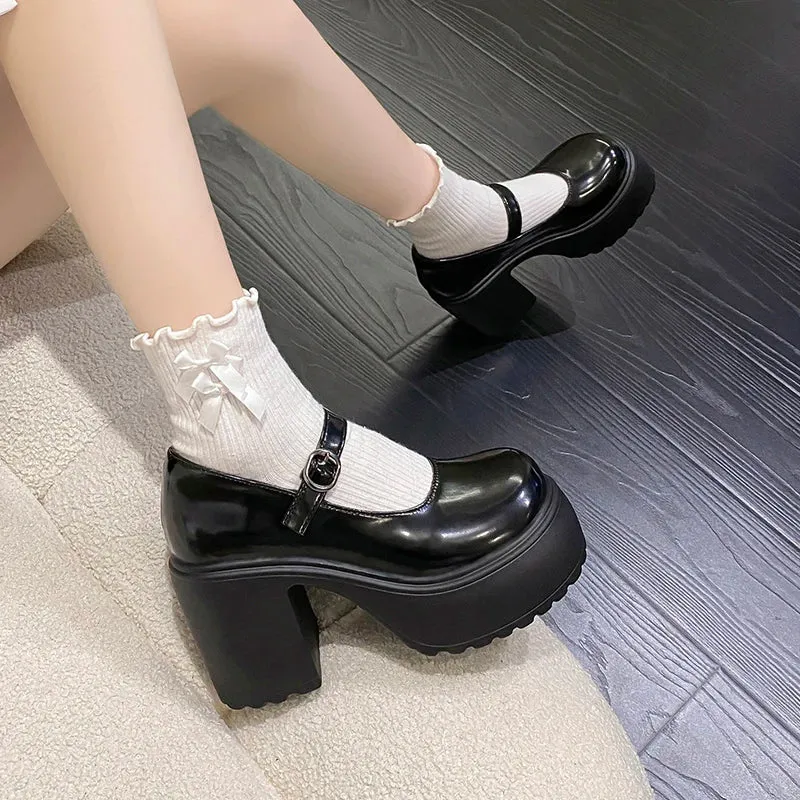 Hnzxzm High Heels Platform Chunky Pumps Women Pu Leather Ankle Buckle Mary Jane Shoes Woman Thick Heeled Goth Lolita Shoes Female