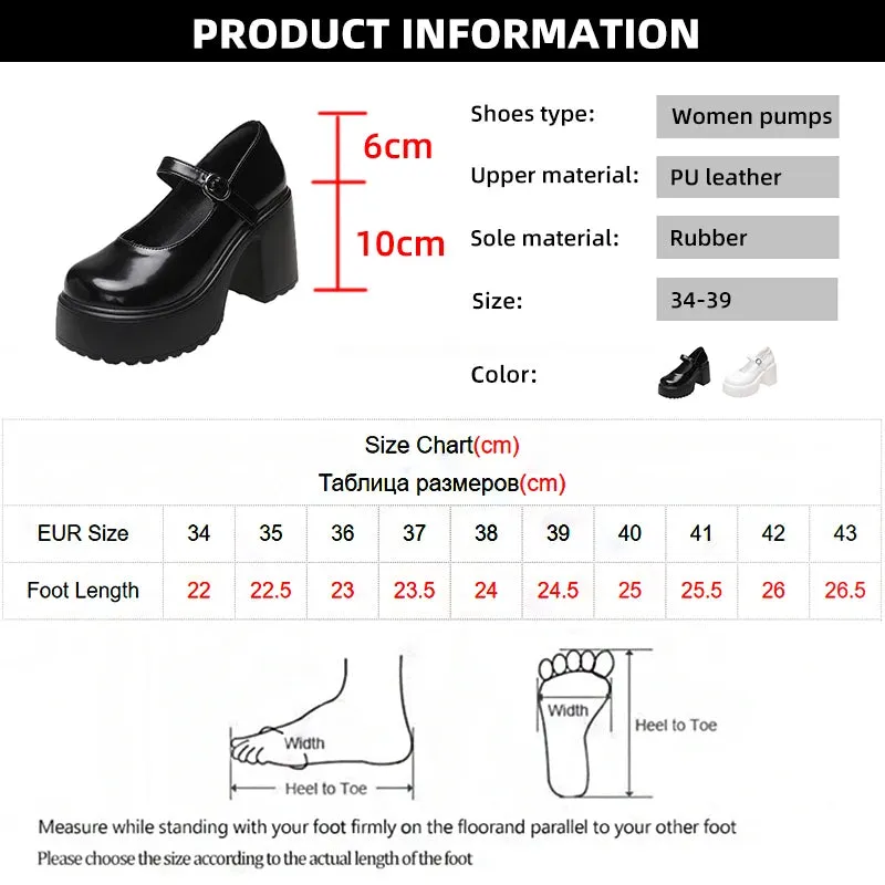 Hnzxzm High Heels Platform Chunky Pumps Women Pu Leather Ankle Buckle Mary Jane Shoes Woman Thick Heeled Goth Lolita Shoes Female