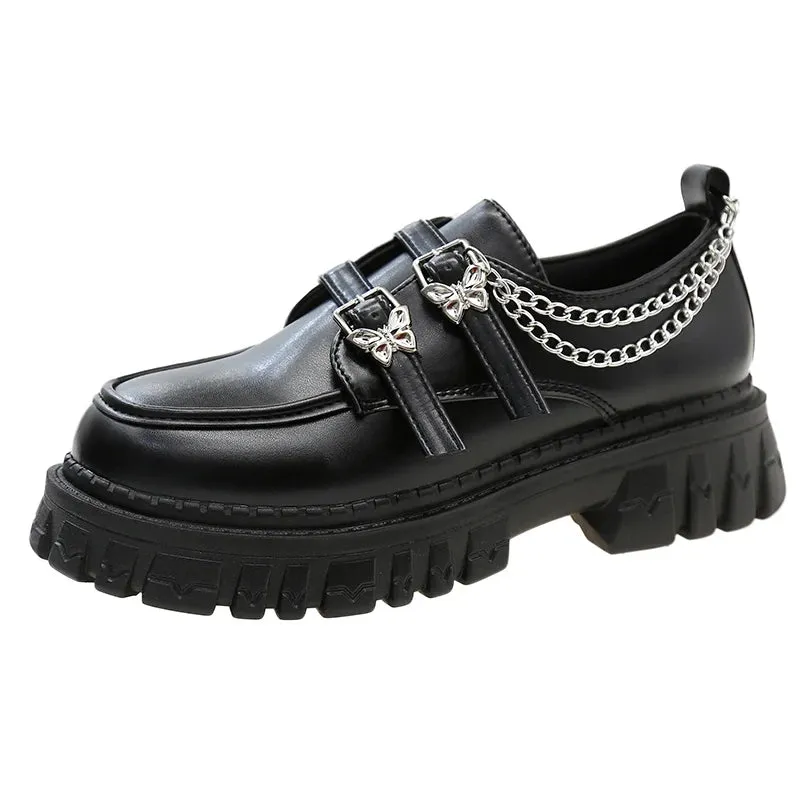 Hnzxzm Metal Chain Platform Pumps Women 2024 Black Gothic Mary Jane Lolita Shoes Woman Butterfly Buckle Patent Leather Jk Uniform Shoes