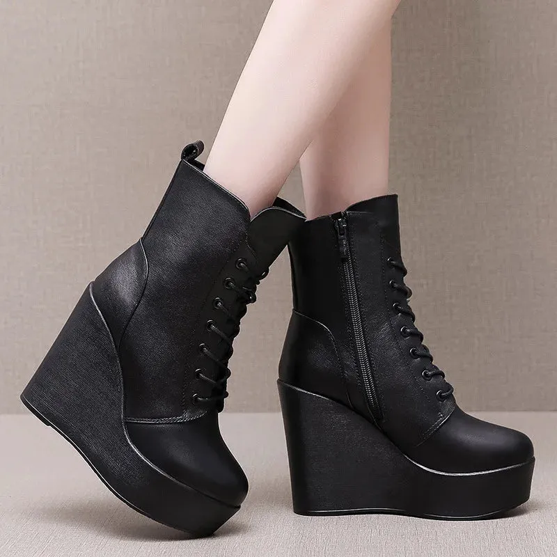 Hnzxzm Small Size 33-43 Thick Bottom Platform Shoes with Fur Cotton Shoes 2024 Women's High Heels Genuine Leather Wedges Ankle Boots