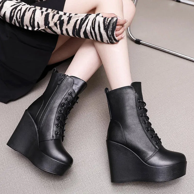 Hnzxzm Small Size 33-43 Thick Bottom Platform Shoes with Fur Cotton Shoes 2024 Women's High Heels Genuine Leather Wedges Ankle Boots