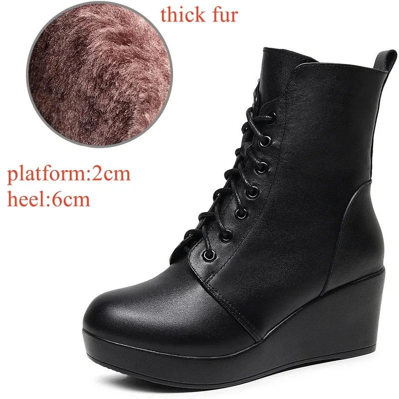 Hnzxzm Small Size 33-43 Thick Bottom Platform Shoes with Fur Cotton Shoes 2024 Women's High Heels Genuine Leather Wedges Ankle Boots