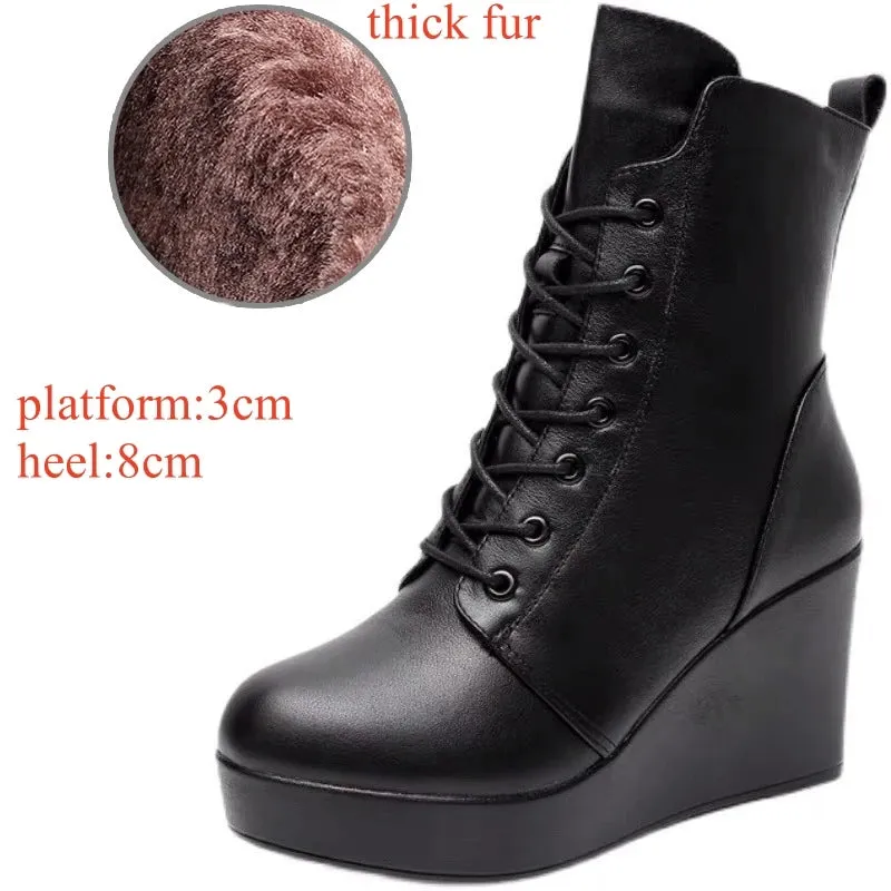 Hnzxzm Small Size 33-43 Thick Bottom Platform Shoes with Fur Cotton Shoes 2024 Women's High Heels Genuine Leather Wedges Ankle Boots