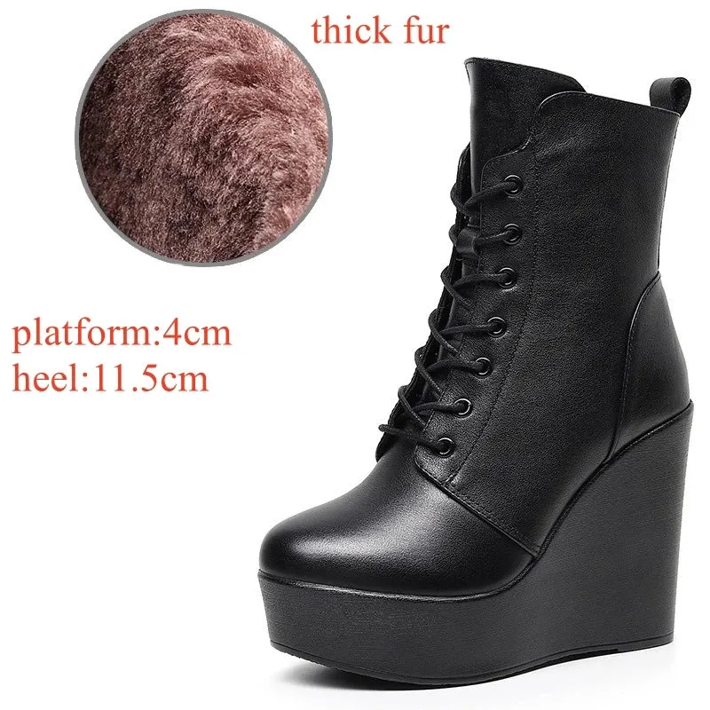 Hnzxzm Small Size 33-43 Thick Bottom Platform Shoes with Fur Cotton Shoes 2024 Women's High Heels Genuine Leather Wedges Ankle Boots