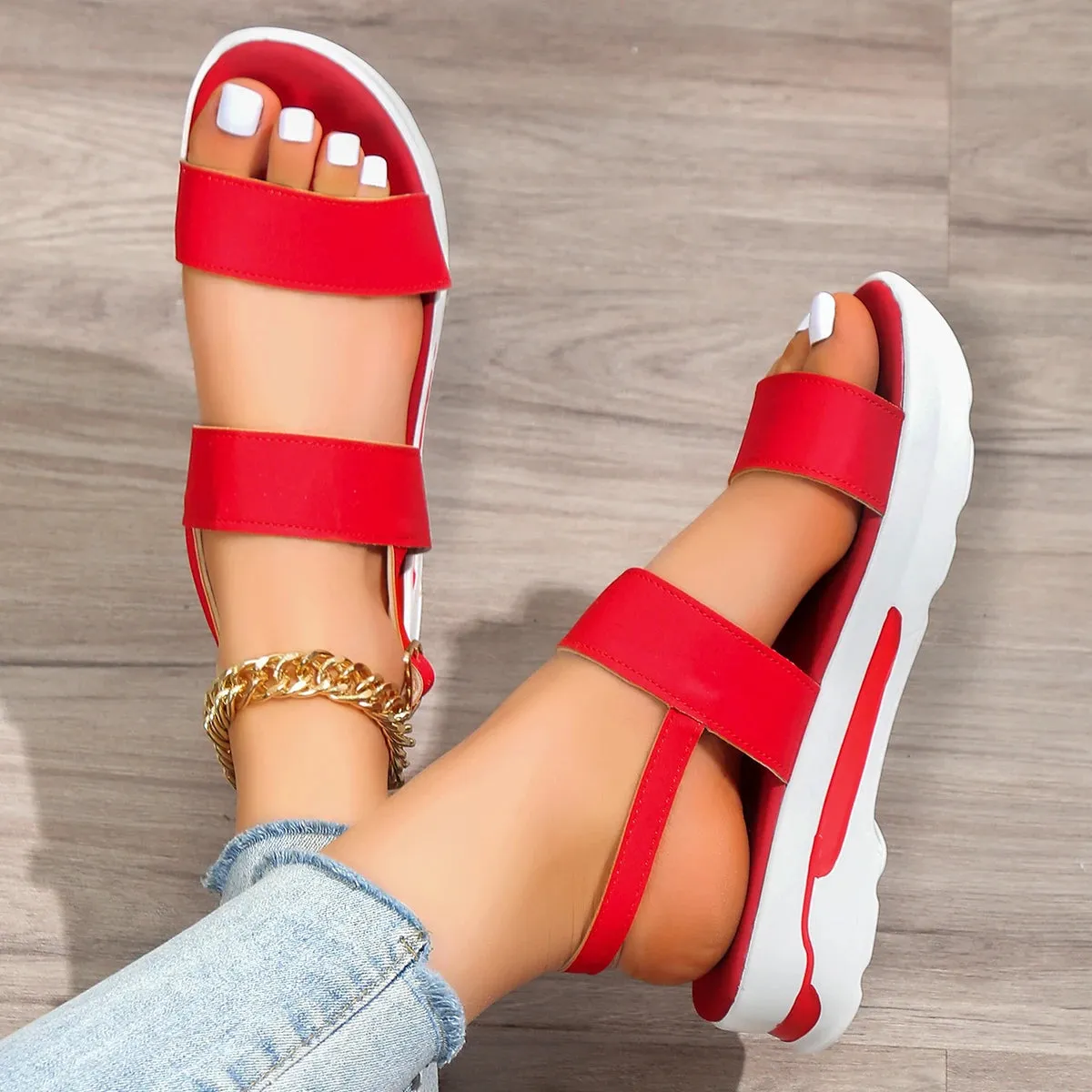 Hnzxzm Women Platform Sandals Red Wedge Shoes Woman Summer Ankle Strap Flats Shoe Ladies  Peep Toe Sandals Casual Shoes Sandlas