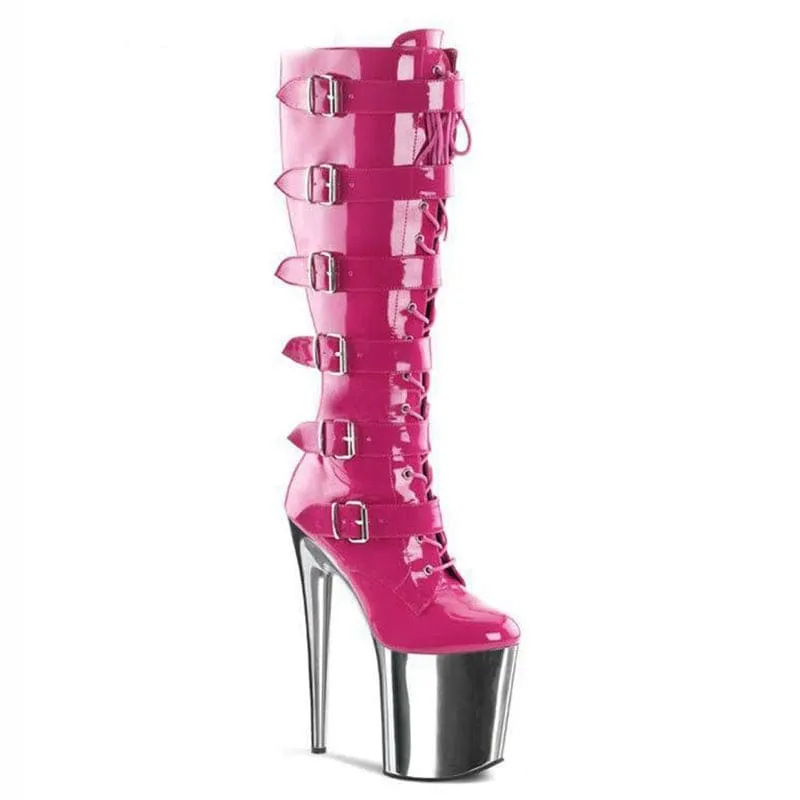 Hot Pink Patent Multi Buckle Knee Length Drag Boots with Silver Heel