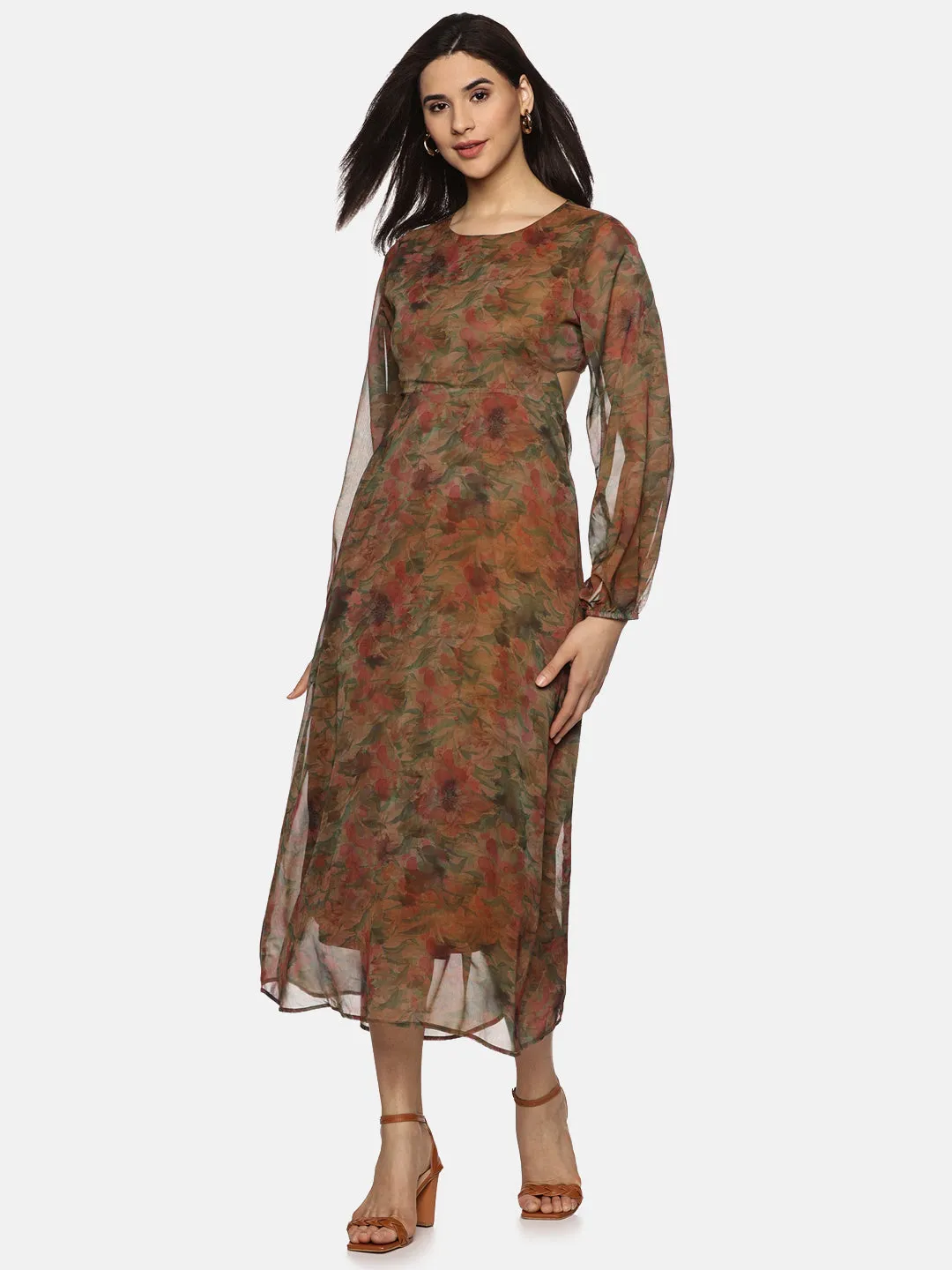 IS.U Floral Brown Cut Out Midaxi Dress