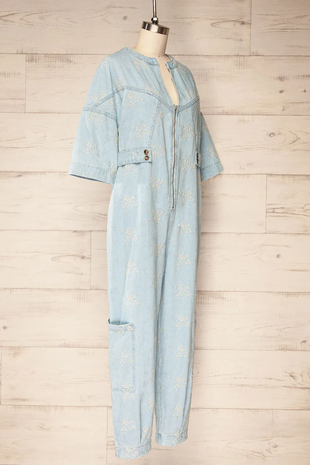 Jorah | Blue Denim Jumpsuit w/ Floral Embroidery