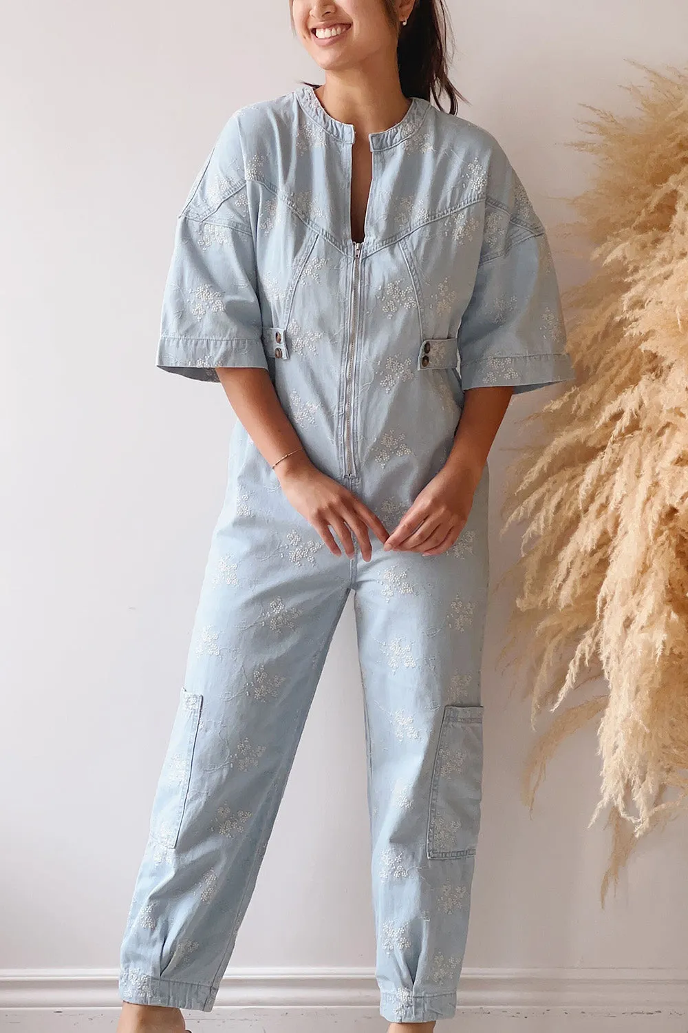 Jorah | Blue Denim Jumpsuit w/ Floral Embroidery