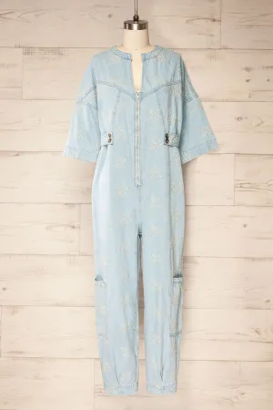 Jorah | Blue Denim Jumpsuit w/ Floral Embroidery