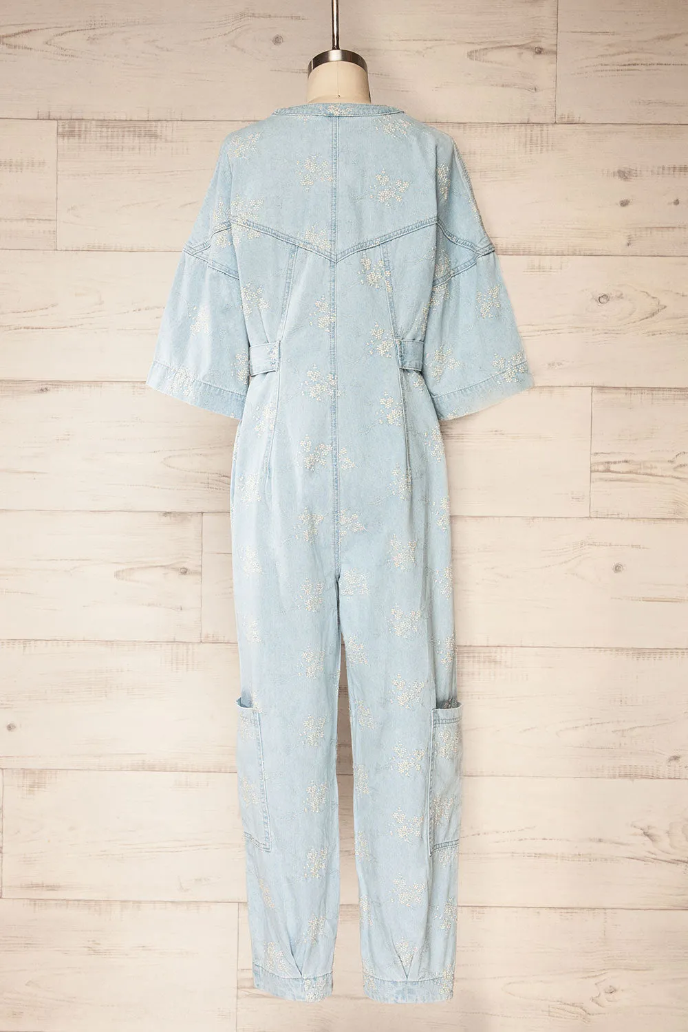 Jorah | Blue Denim Jumpsuit w/ Floral Embroidery