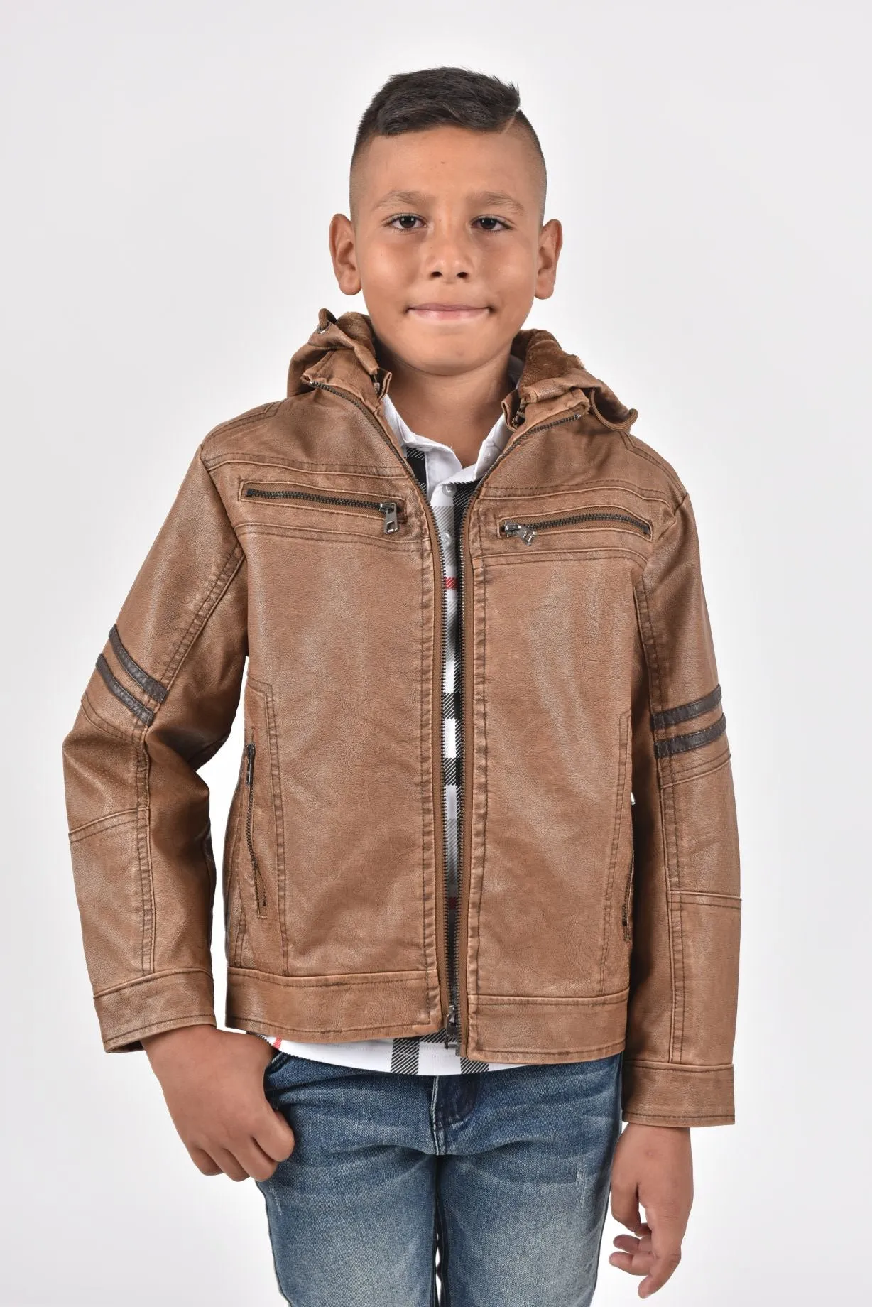 Kid's Camel Hooded Washed Biker Jacket with Fur Lining