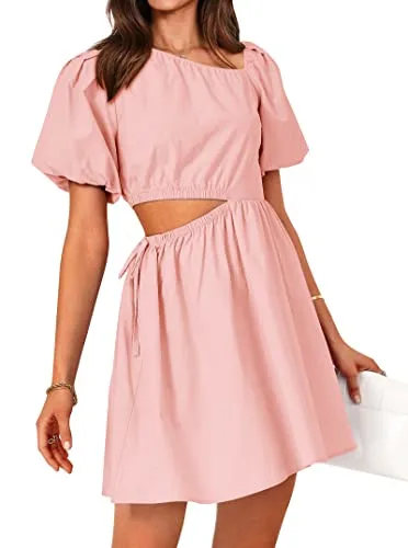 KIRUNDO 2023 Women's Summer Short Puff Sleeve Cut Out Dress Casual Solid Asymmetrical Neck A Line Beach Party Mini Dresses(Pink, Small)