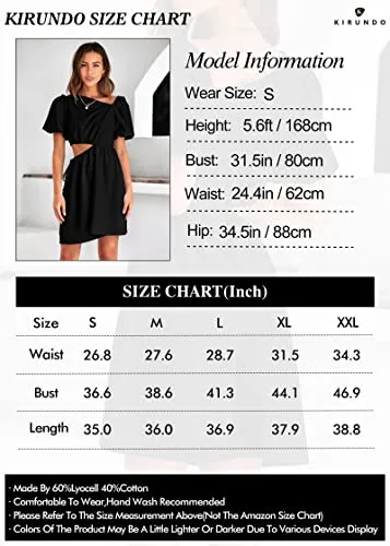 KIRUNDO 2023 Women's Summer Short Puff Sleeve Cut Out Dress Casual Solid Asymmetrical Neck A Line Beach Party Mini Dresses(Pink, Small)