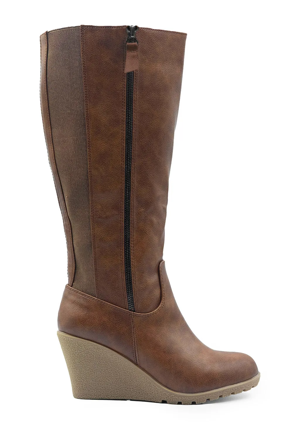 LARA WEDGE HEEL MID CALF HIGH BOOTS WITH SIDE ZIP IN CHOCOLATE BROWN FAUX LEATHER