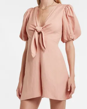 Linen-Blend Tie Front Puff Sleeve Romper in Foundation