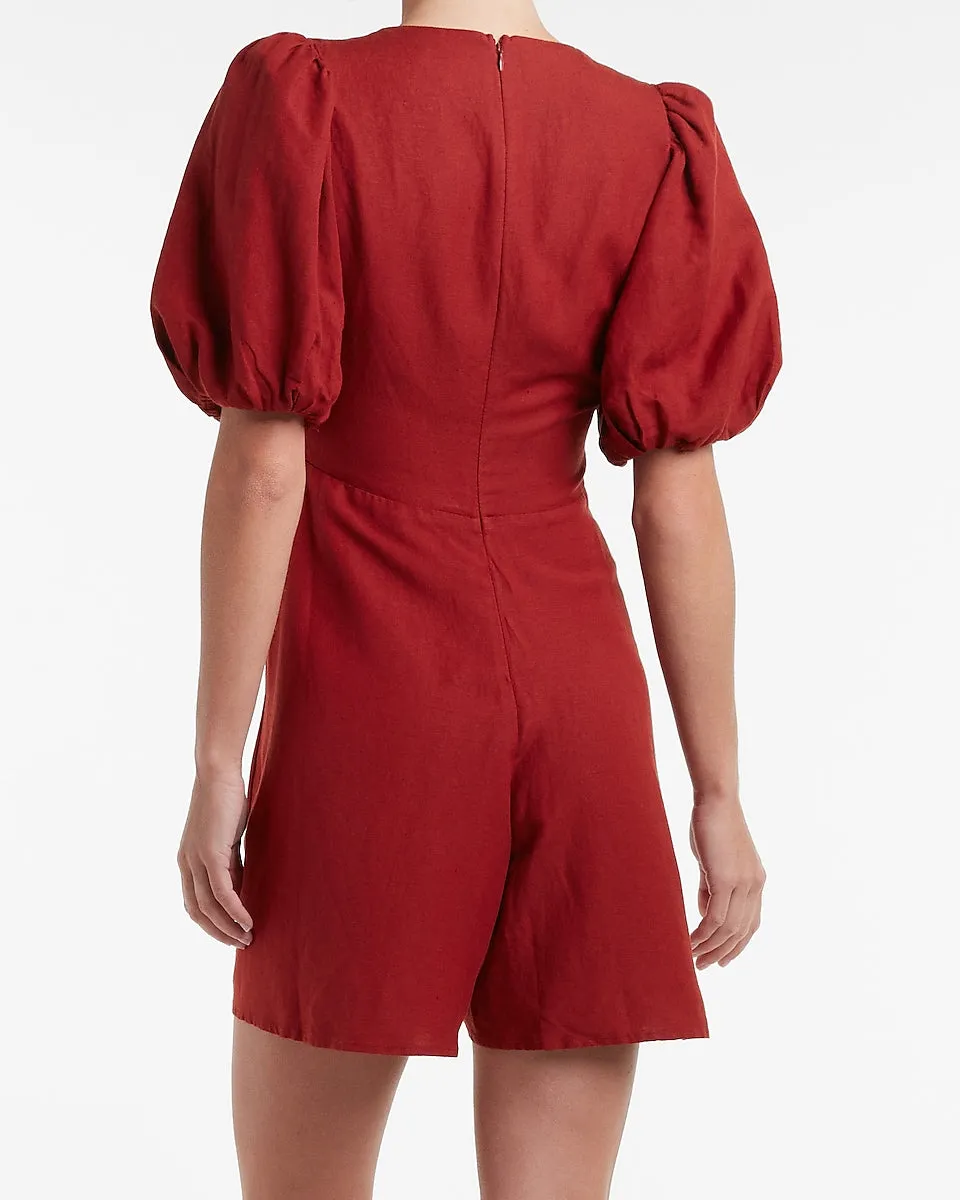 Linen-Blend Tie Front Puff Sleeve Romper in Molten Brown