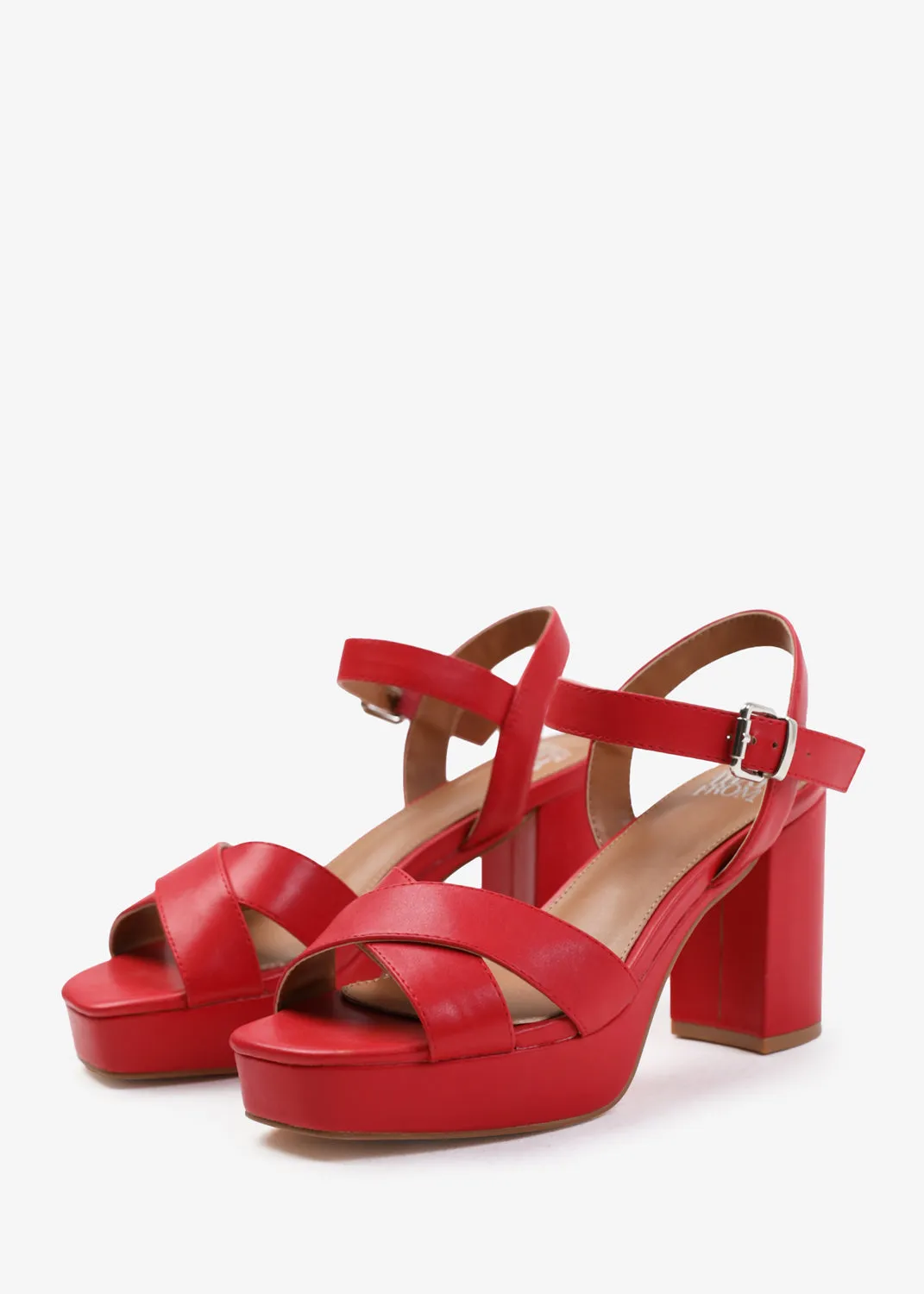 MARCIA WIDE FIT STATEMENT PLATFORM STRAPPY BLOCK HIGH HEELS IN RED FAUX LEATHER