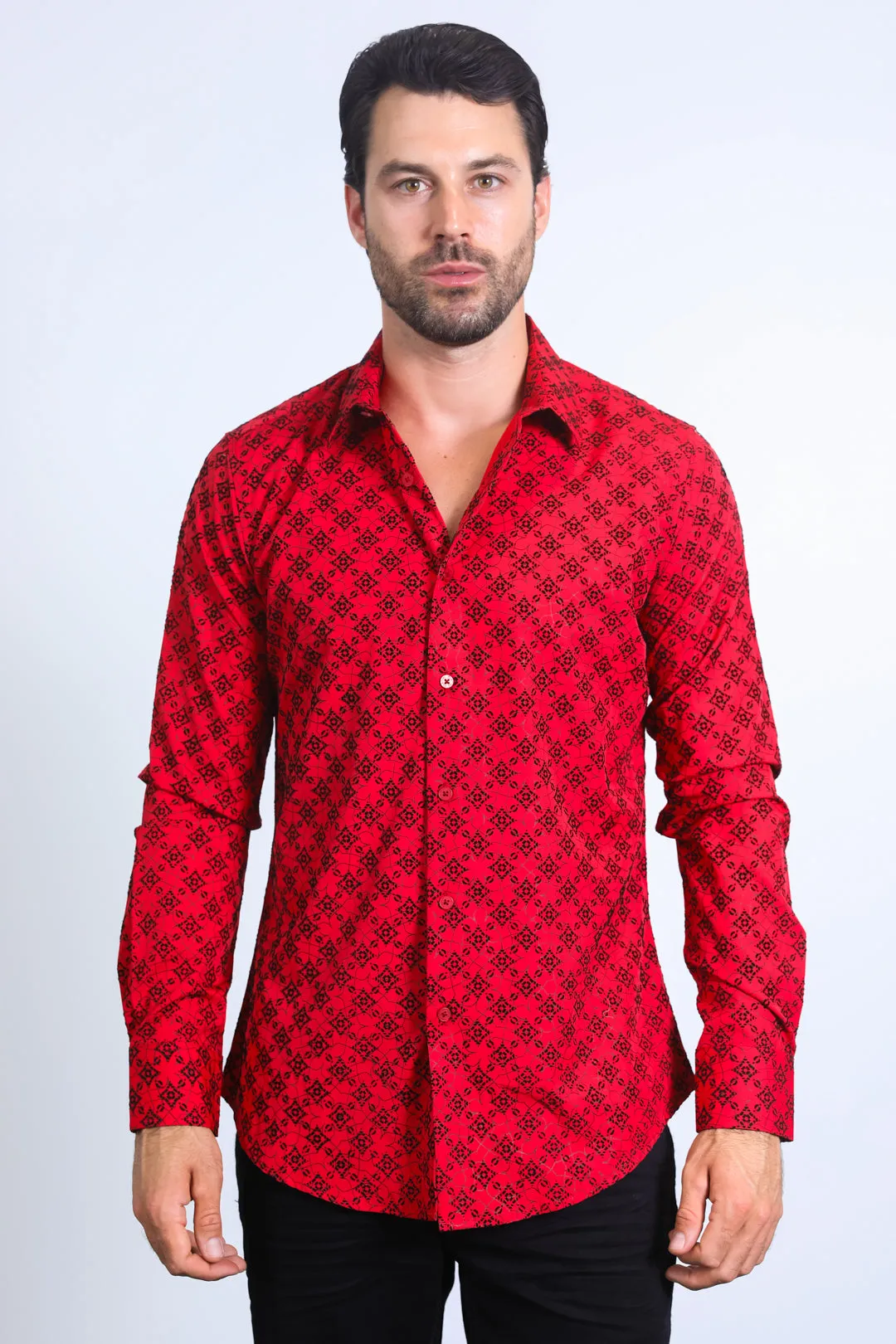 Men's Flocked Style Modern Fit Spandex Red Shirt