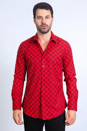 Men's Flocked Style Modern Fit Spandex Red Shirt