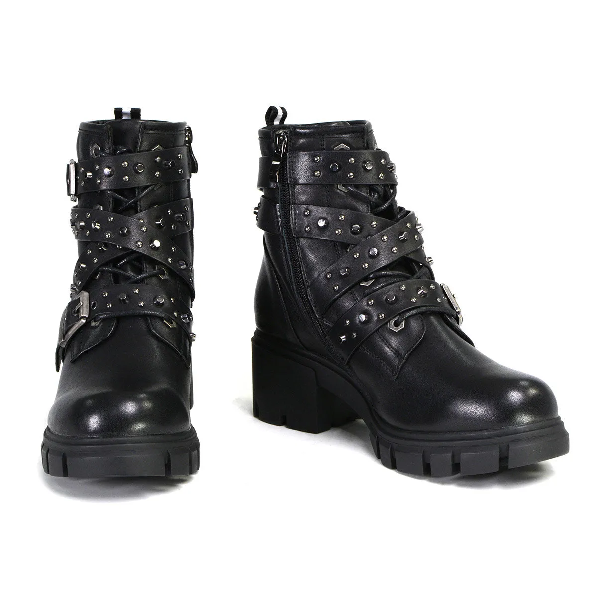 Milwaukee Leather MBL9444 Women's ‘Bruiser’ Premium Black Leather Lace-Up Fashion Boots with Studded Straps