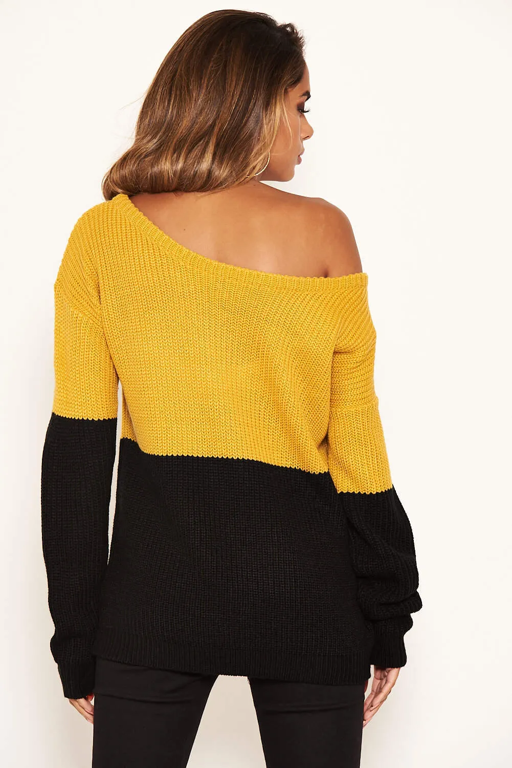 Mustard and Black Off Shoulder Knit Jumper