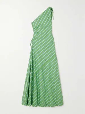 One-shoulder striped organic cotton-poplin maxi dress