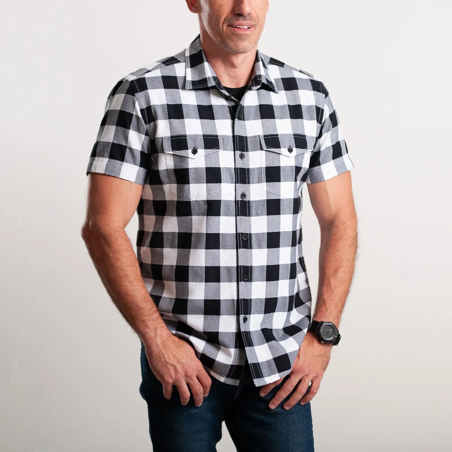 Pioneer Short Sleeve Utility Shirt – Black & White Oxford Check