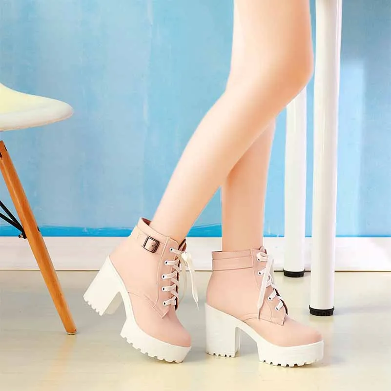 Platform Boots for Women Chunky Lace Up High Heel Ankle Boots