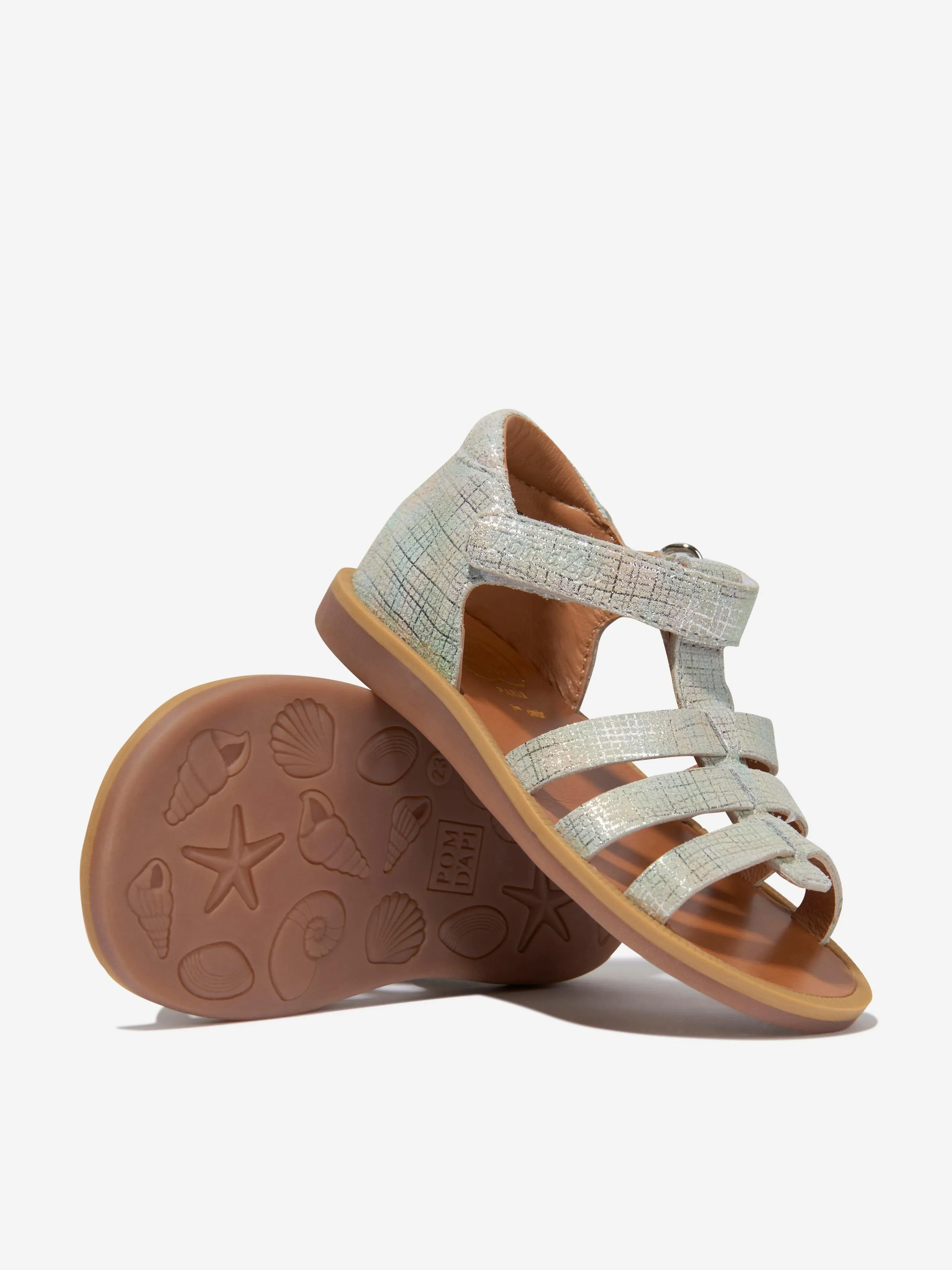 Pom D'Api Girls Leather Poppy Strap Sandals in Silver