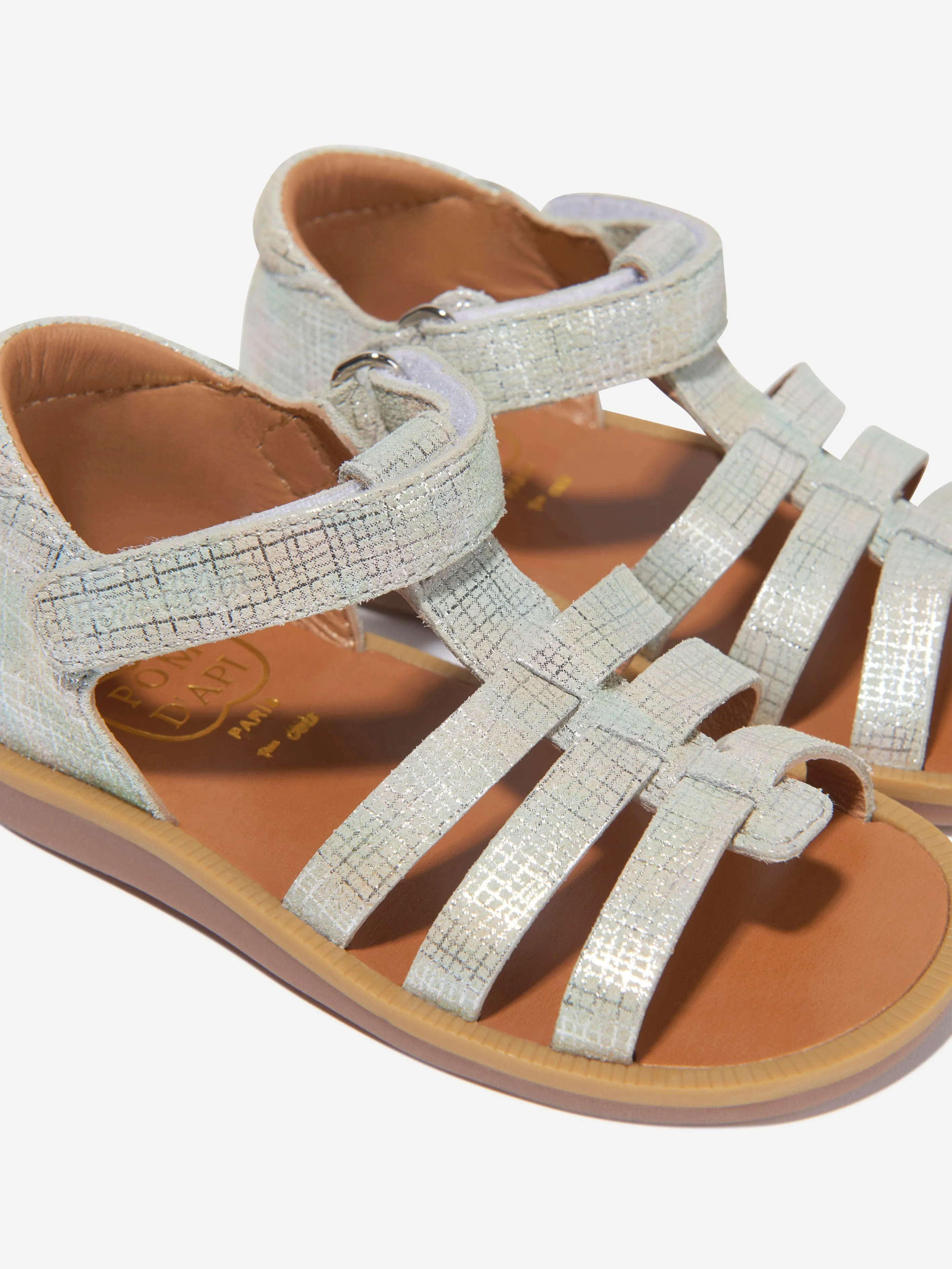 Pom D'Api Girls Leather Poppy Strap Sandals in Silver