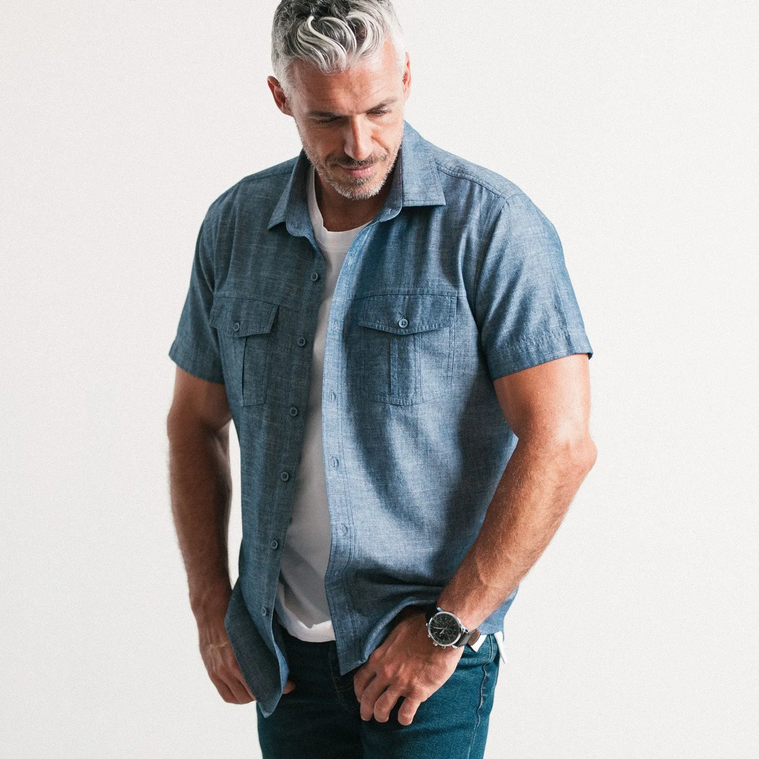 Primer Short Sleeve Utility Shirt – Navy Blue Slub Chambray