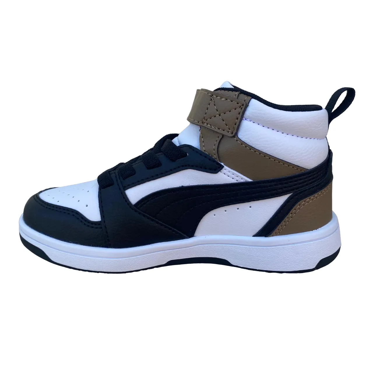 Puma scarpa alta da ragazzi con laccio e strappo Rebound V6 AC PS 393832-08 bianco-nero-cioccolato