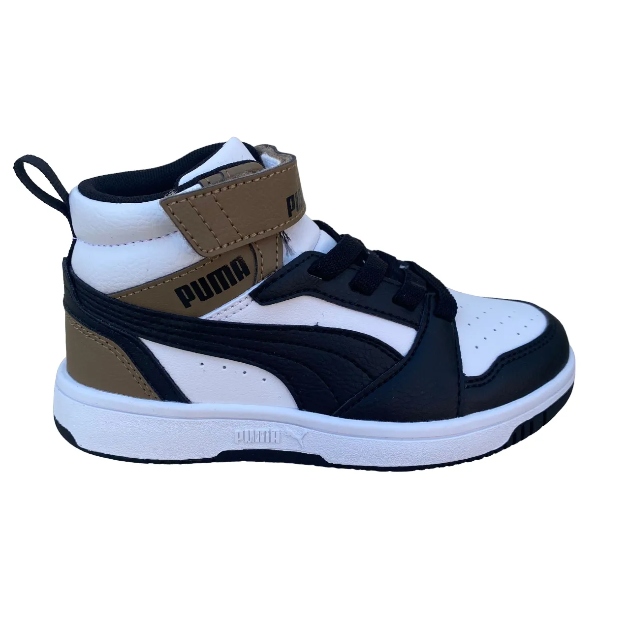 Puma scarpa alta da ragazzi con laccio e strappo Rebound V6 AC PS 393832-08 bianco-nero-cioccolato