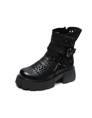 Round Toe Leather Buckles Beathable Hollow Platform Boots