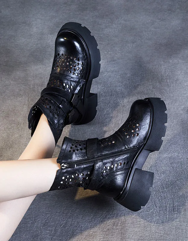 Round Toe Leather Buckles Beathable Hollow Platform Boots