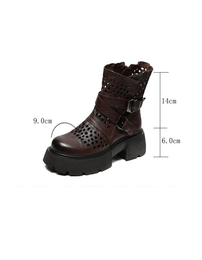 Round Toe Leather Buckles Beathable Hollow Platform Boots