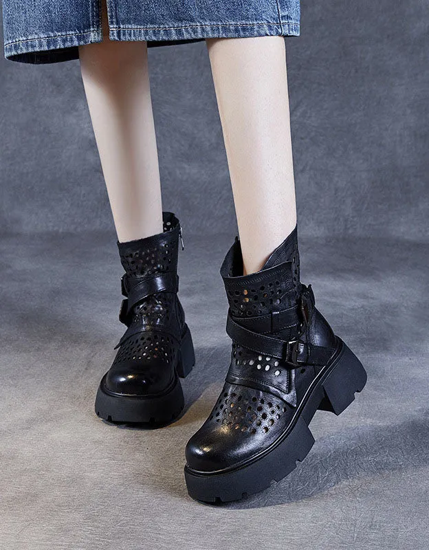 Round Toe Leather Buckles Beathable Hollow Platform Boots