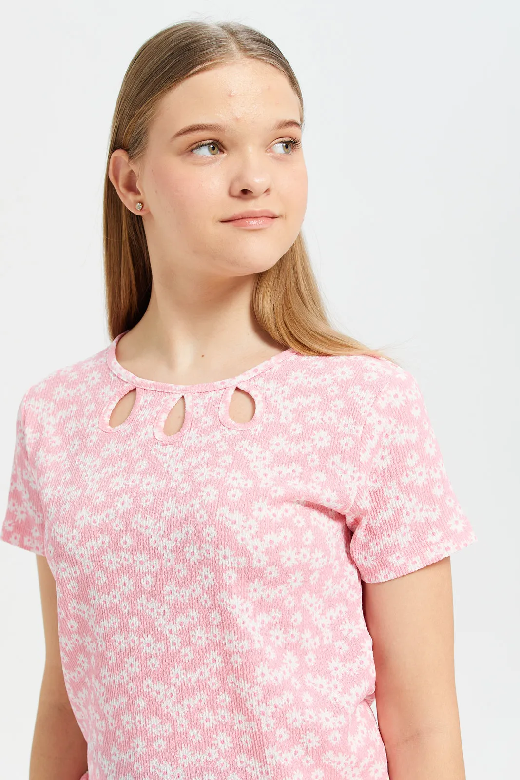 Senior Girls Pink Cut-Out On Neck Top